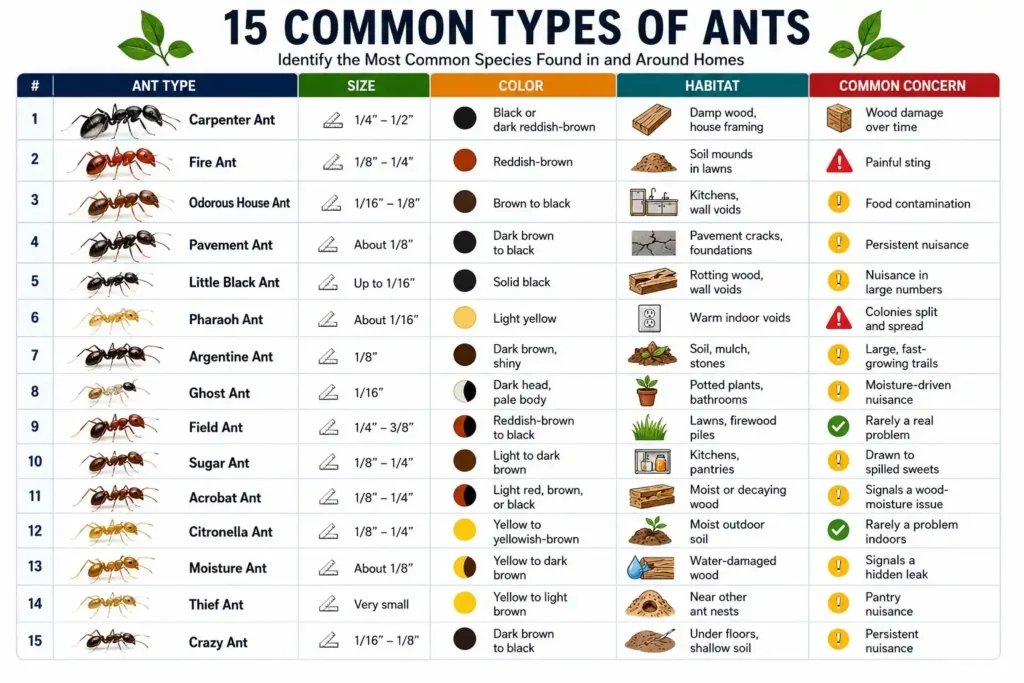15 common types of ants identification chart showing carpenter ants, fire ants, odorous house ants, pavement ants, little black ants, pharaoh ants, ghost ants, Argentine ants, field ants, sugar ants, acrobat ants, citronella ants, moisture ants, thief ants, and crazy ants.