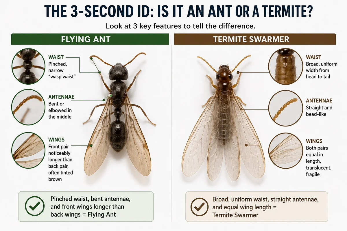 Side-by-side comparison of a flying ant and a termite swarmer showing differences in the waist, antennae, and wing size for quick identification.