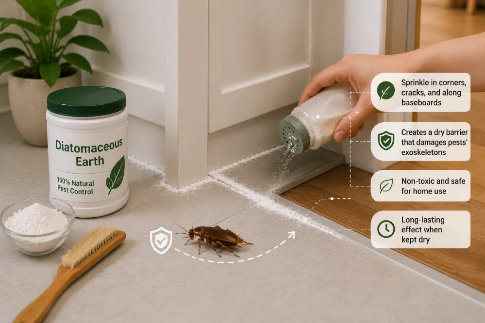 Food-grade diatomaceous earth applied along baseboards to create a natural barrier against cockroaches.