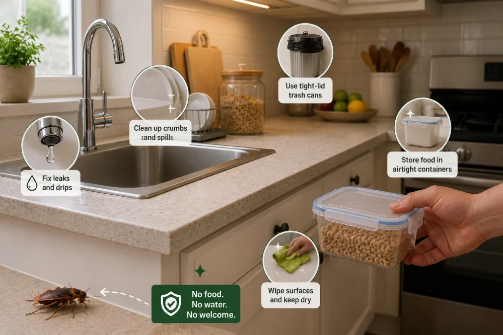 Clean kitchen with airtight food containers, dry sink, and sealed trash bin to discourage cockroaches.