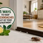 Clean apartment entrance with natural cockroach repellents and a cockroach outside the door.
