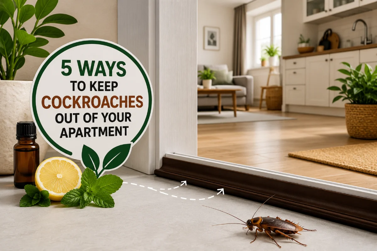 Clean apartment entrance with natural cockroach repellents and a cockroach outside the door.
