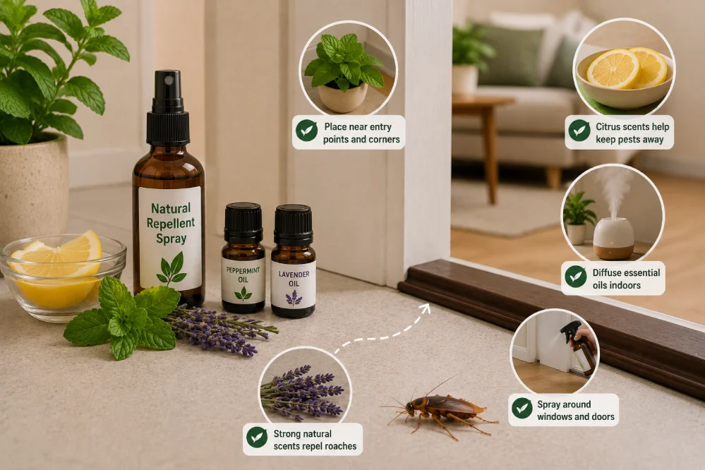 Peppermint oil, lavender oil, lemon slices, and natural repellent spray placed near apartment entry points.