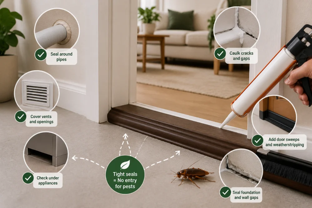 Door sweep, sealed cracks, and caulk applied around apartment entry points to prevent cockroaches.