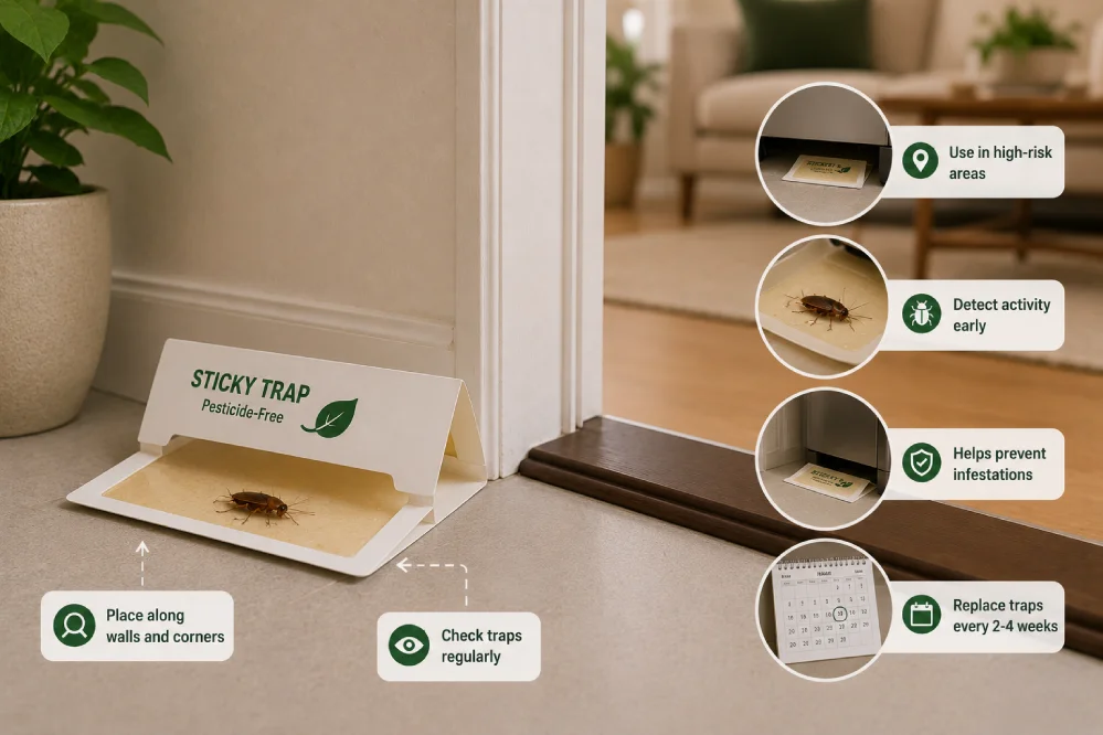 Non-toxic sticky trap placed along a wall to monitor and catch cockroaches early.