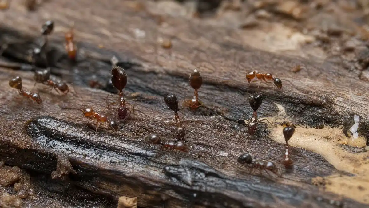 Acrobat ants with raised heart-shaped abdomen crawling on rotting moisture-damaged wooden deck board
