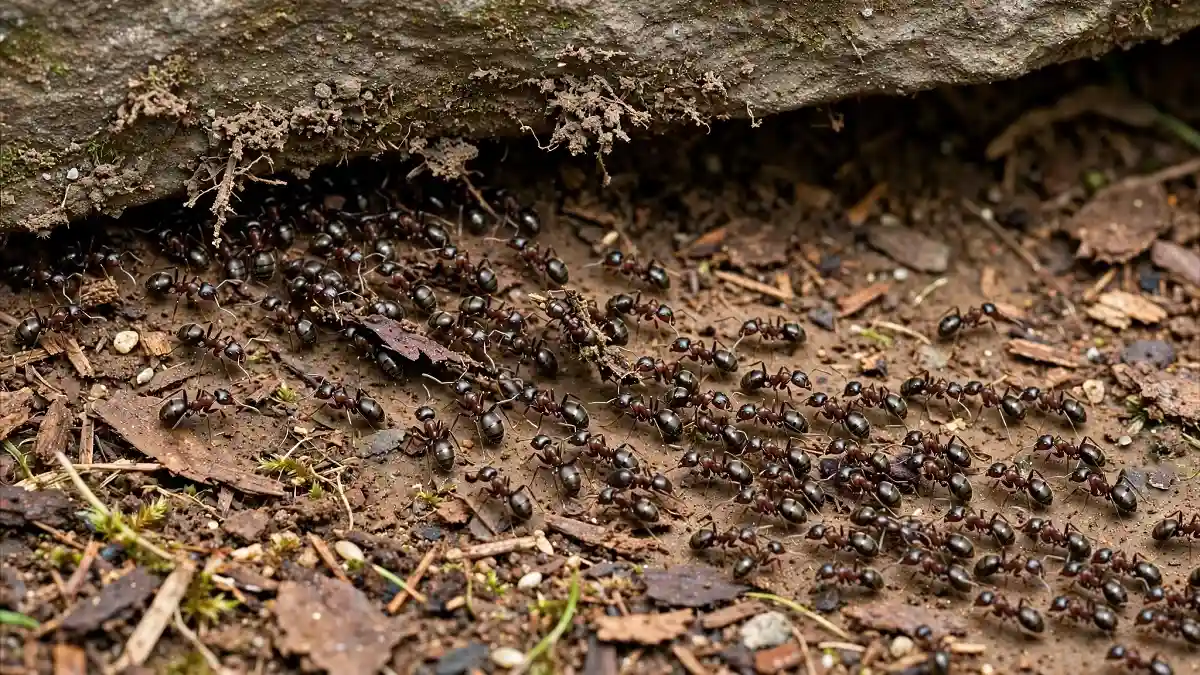 Shiny dark brown Argentine ants forming a large trail under a stone in mulch and shallow soil