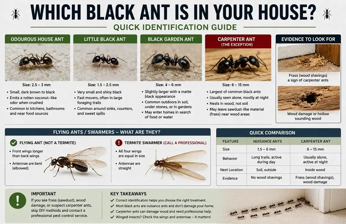 Black ant identification guide comparing odorous house ants, little black ants, black garden ants, carpenter ants, and flying ants with termite swarmers