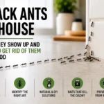 Black ants in house crawling across a kitchen counter with tips on ant infestation causes, natural ant control, and permanent house ants removal