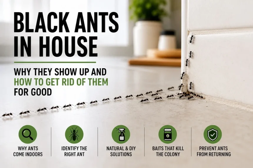 Black ants in house crawling across a kitchen counter with tips on ant infestation causes, natural ant control, and permanent house ants removal