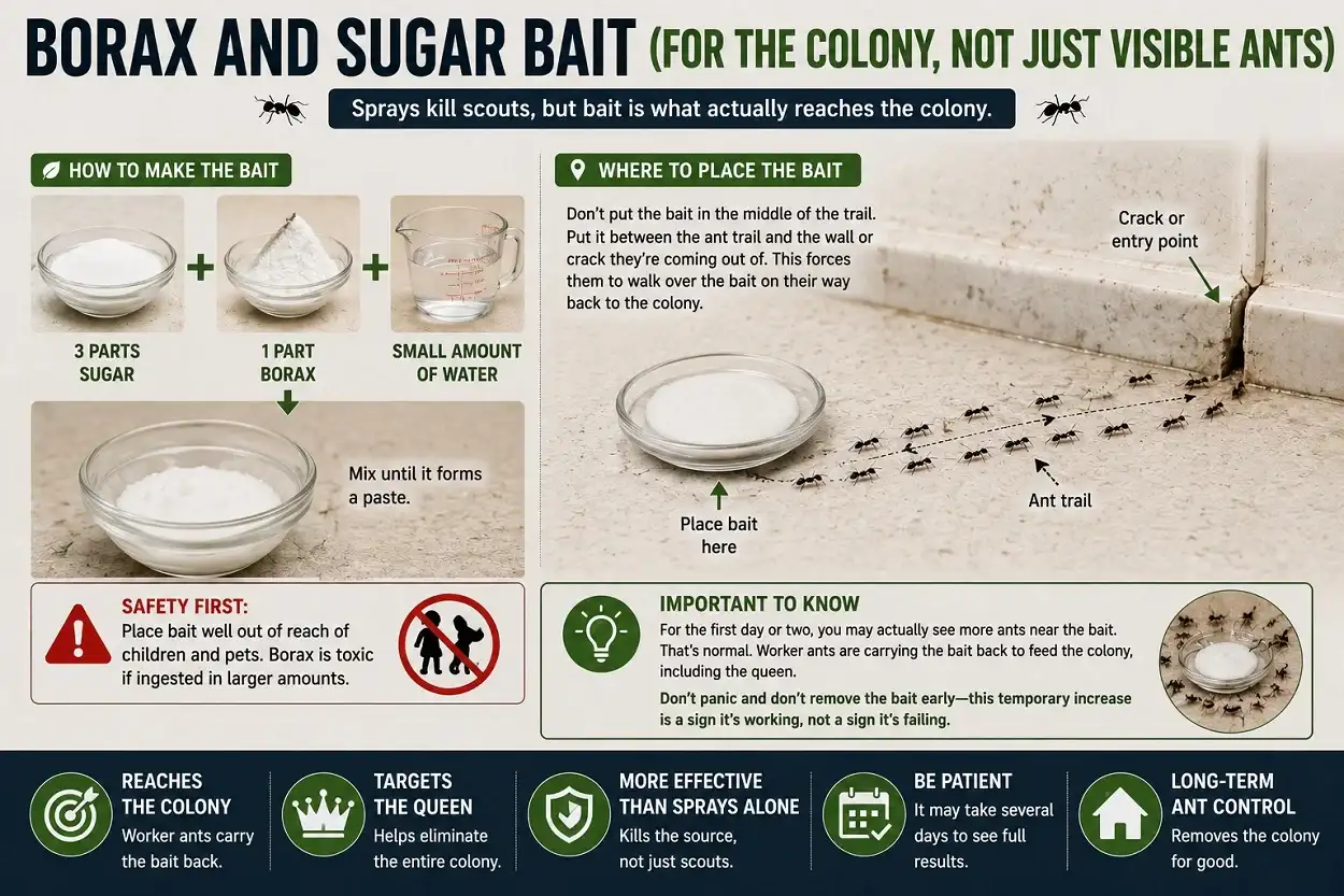 Borax and sugar ant bait placed beside a black ant trail near a wall crack to eliminate the colony and provide long-term ant control