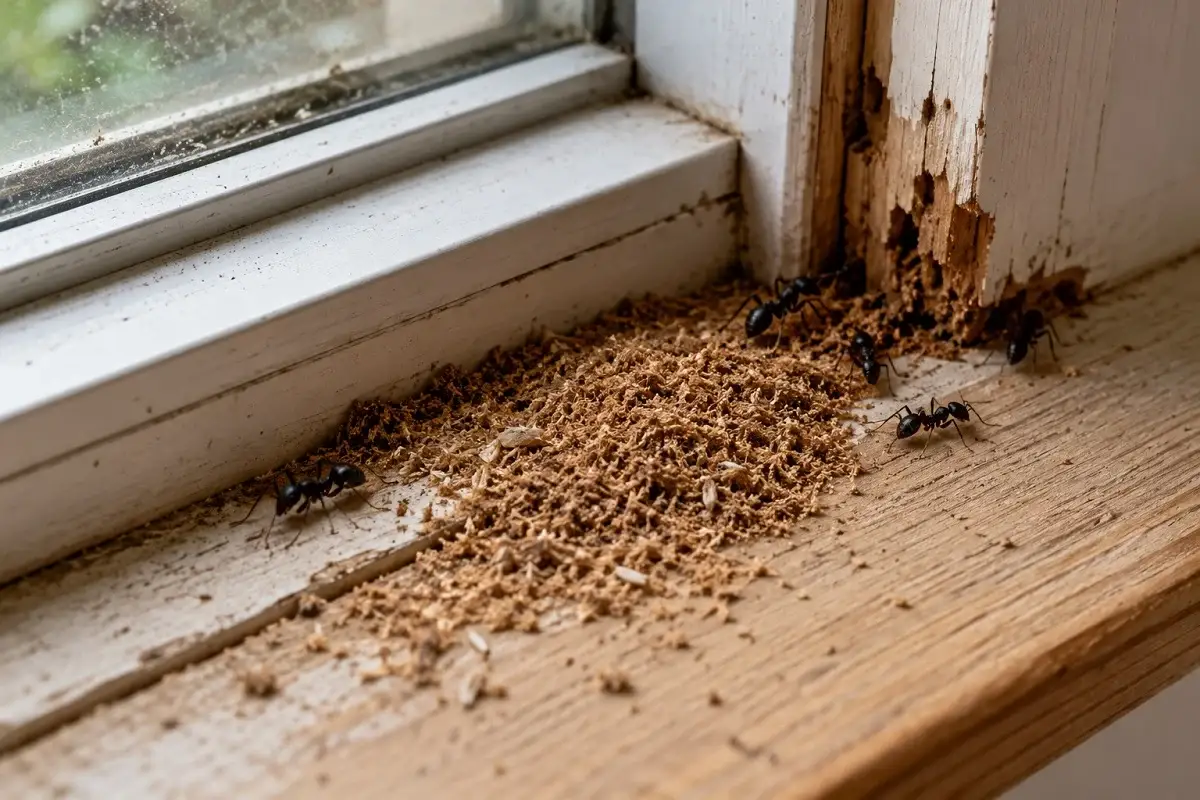 Carpenter ant frass and sawdust pile on a damaged window sill with black carpenter ants nearby