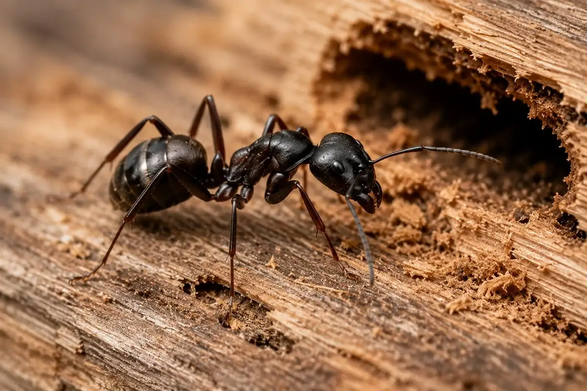 Close-up of a carpenter ant crawling on damaged wood with visible tunnels and sawdust