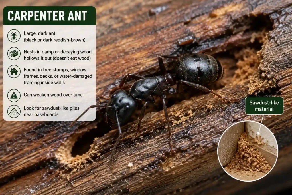 Large black carpenter ant on damp decaying wood with sawdust-like frass, showing a common nesting site used by carpenter ants inside damaged wood.