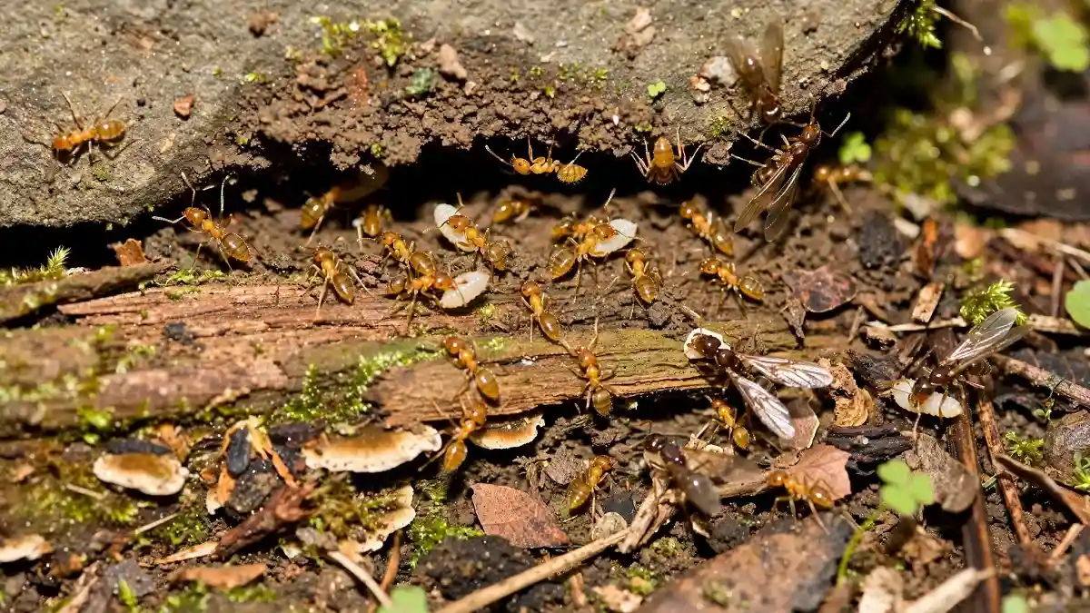 Small yellow citronella ants nesting in moist soil under a stone and rotting log during warm season