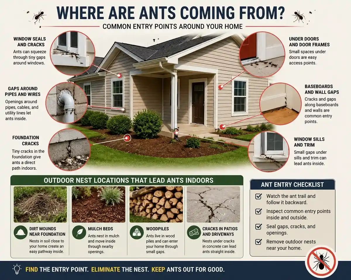 Diagram showing common ant entry points around a house, including foundation cracks, pipe gaps, window seals, door frames, and outdoor nest locations.