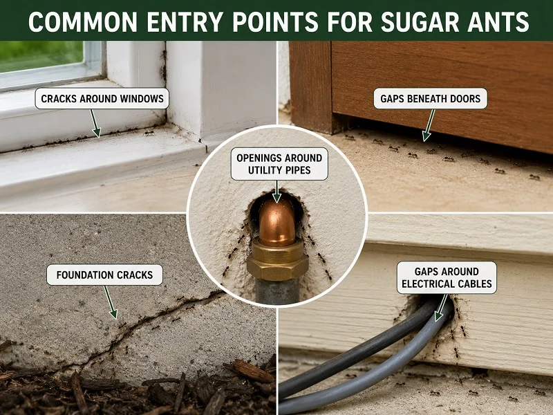 Common entry points where sugar ants enter a home through cracks around windows, gaps under doors, utility pipe openings, foundation cracks, and electrical cable gaps.