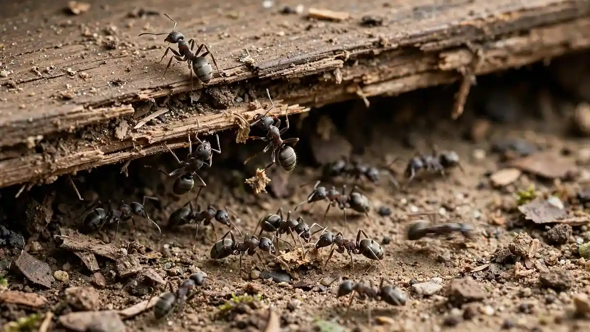 Dark brown to black crazy ants with grayish sheen moving erratically while foraging under wood in shallow soil