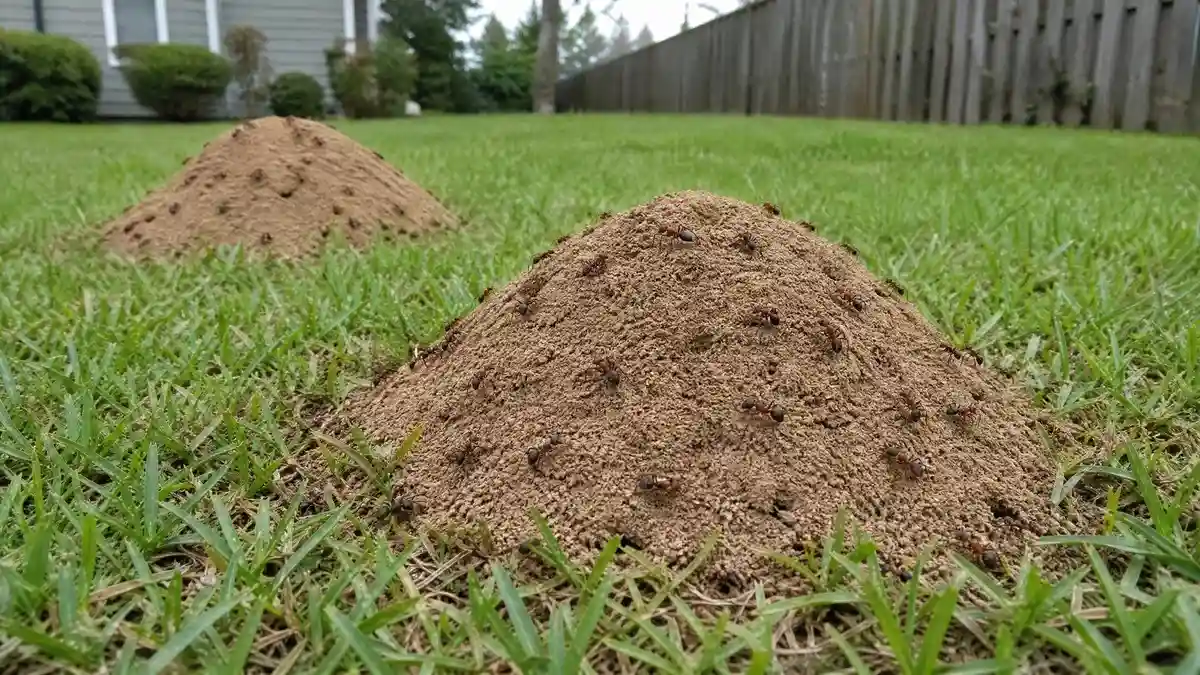 Large field ant mound on green lawn with reddish-brown ants crawling near wooden fence
