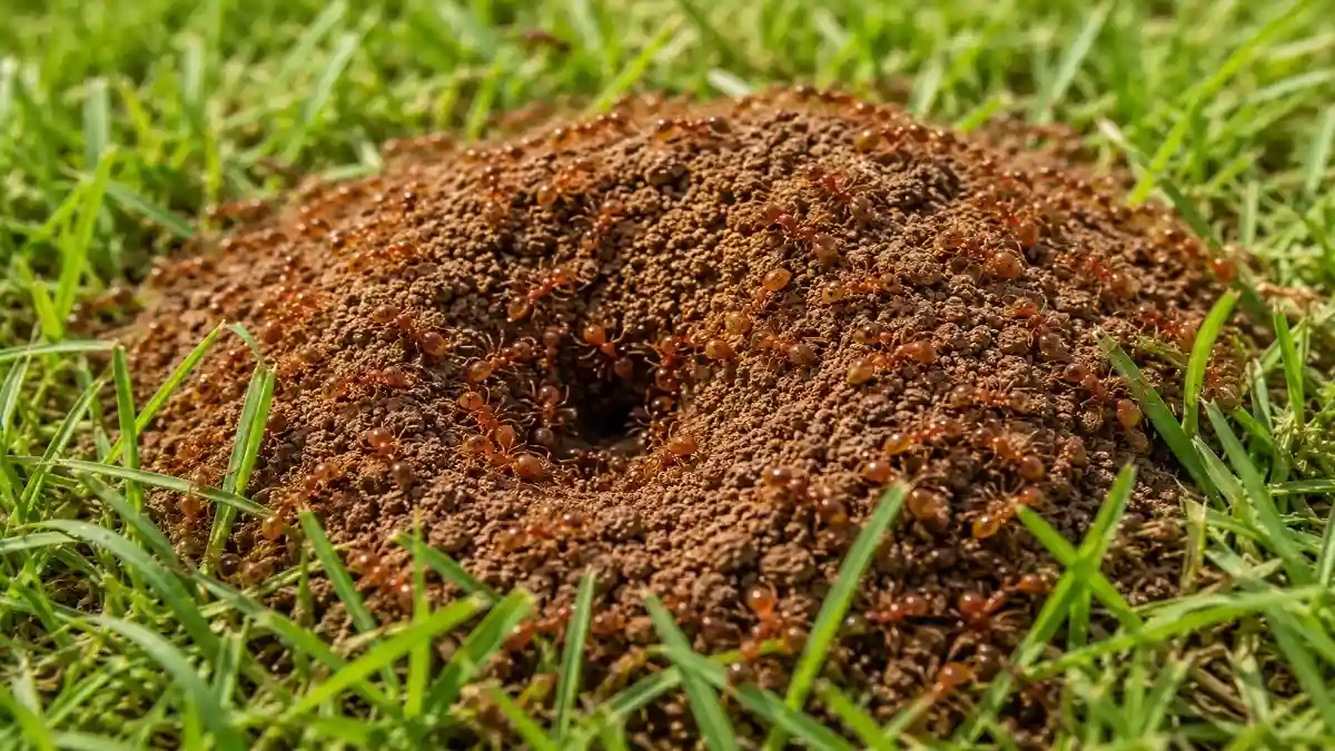 Fire ants clustered around a soil mound in a grassy lawn showing their outdoor nest.