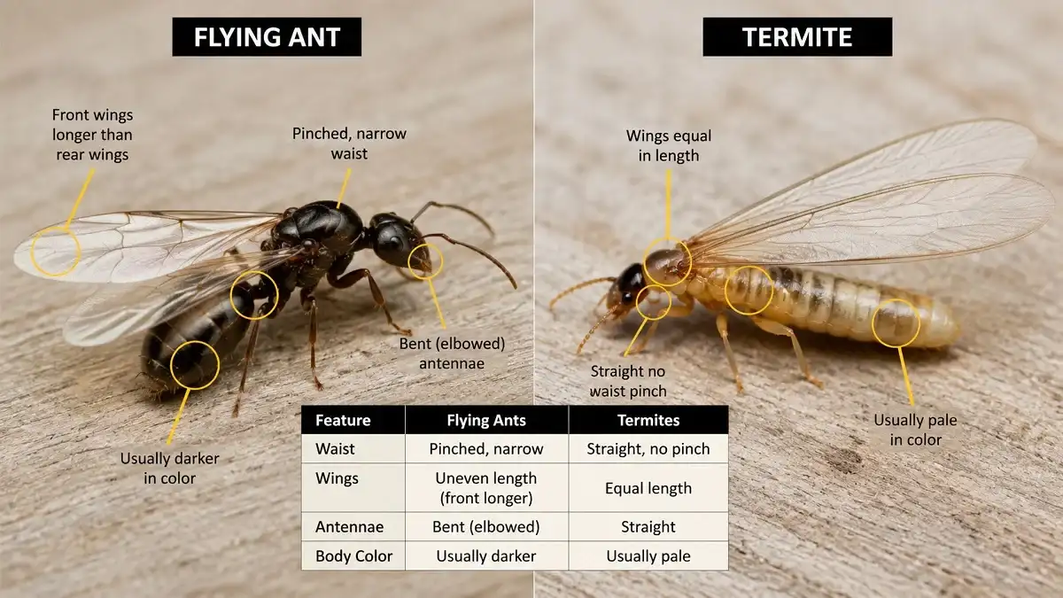Side-by-side comparison of a flying ant and a termite showing differences in waist, wings, antennae, and body shape.