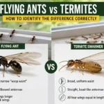 Flying ant and termite swarmer side by side showing the differences in body shape, antennae, waist, and wing size for easy identification.