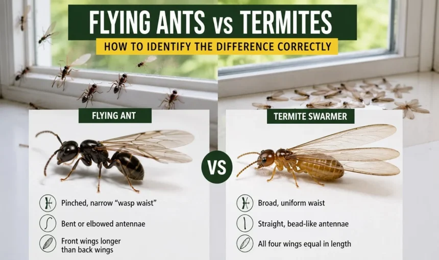 Flying ant and termite swarmer side by side showing the differences in body shape, antennae, waist, and wing size for easy identification.