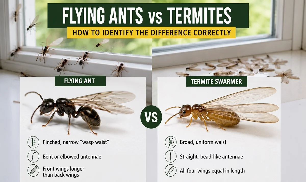 Flying ant and termite swarmer side by side showing the differences in body shape, antennae, waist, and wing size for easy identification.