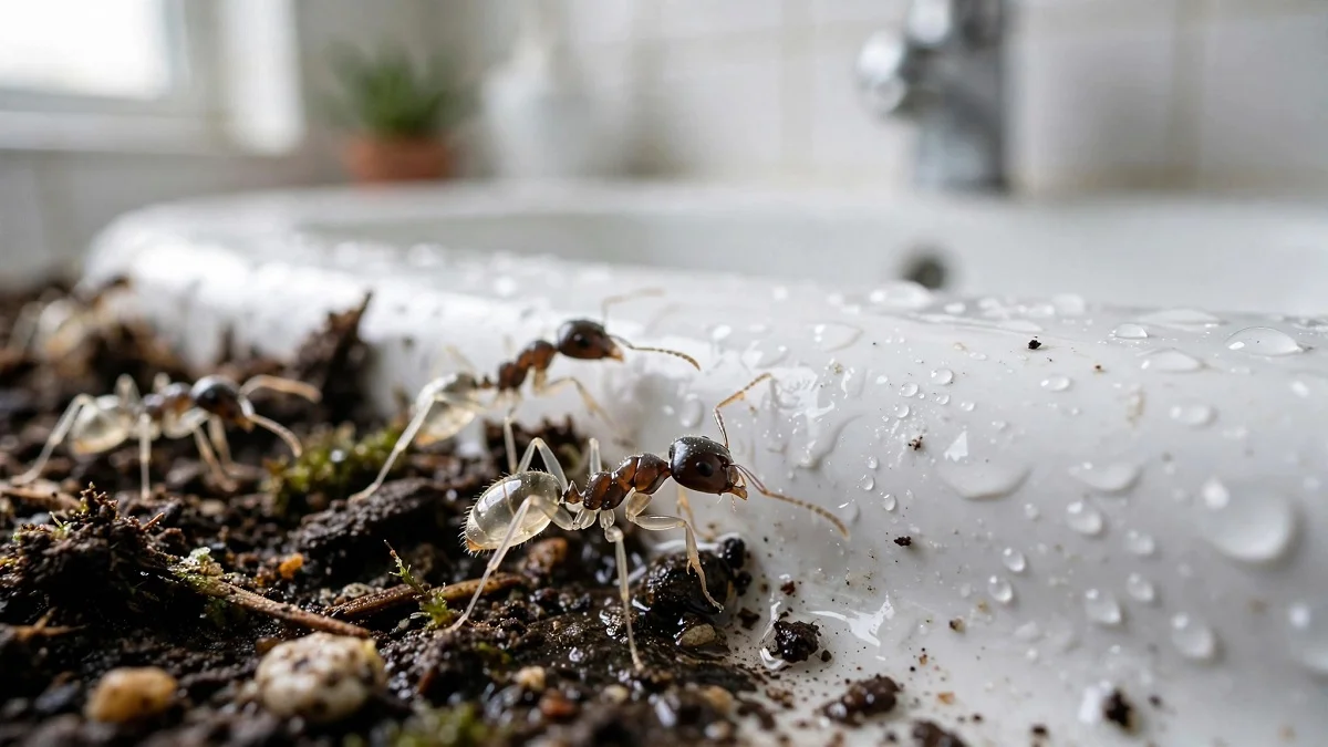 Tiny ghost ants with dark head and pale transparent body near bathroom sink and potted plant soil