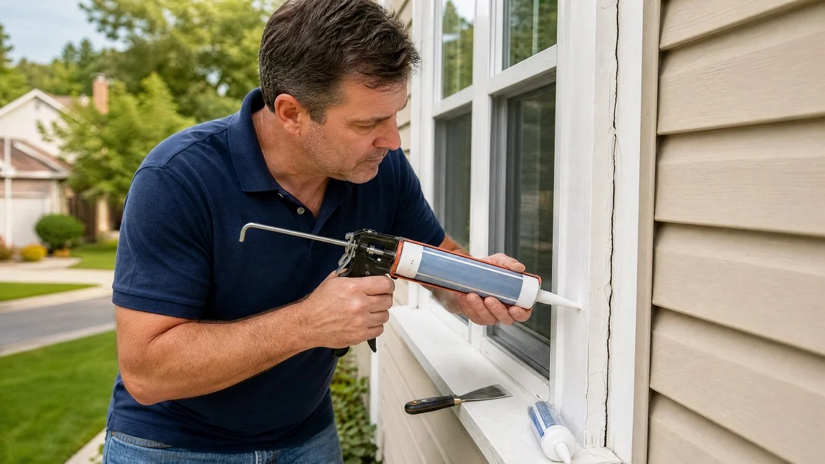 Homeowner sealing a crack around a window frame with caulking gun to prevent carpenter ants