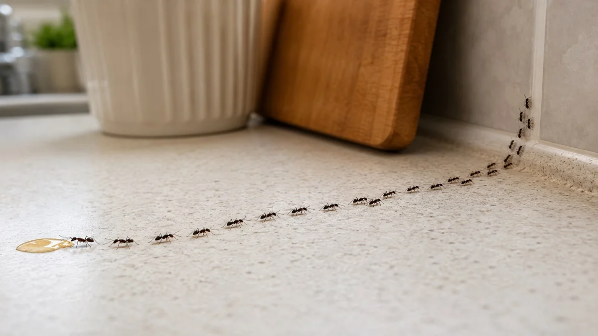 A line of worker ants following a pheromone trail across a kitchen countertop after a scout ant found a food source.