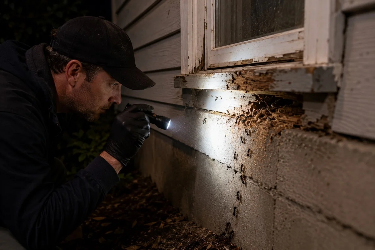 Person using a flashlight to find a carpenter ant nest near a damaged window frame at night