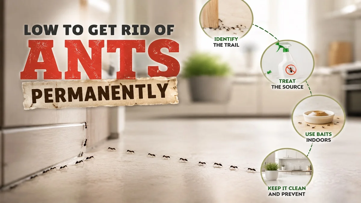 How to get rid of ants permanently in your house by finding ant trails, using ant bait, and preventing future infestations