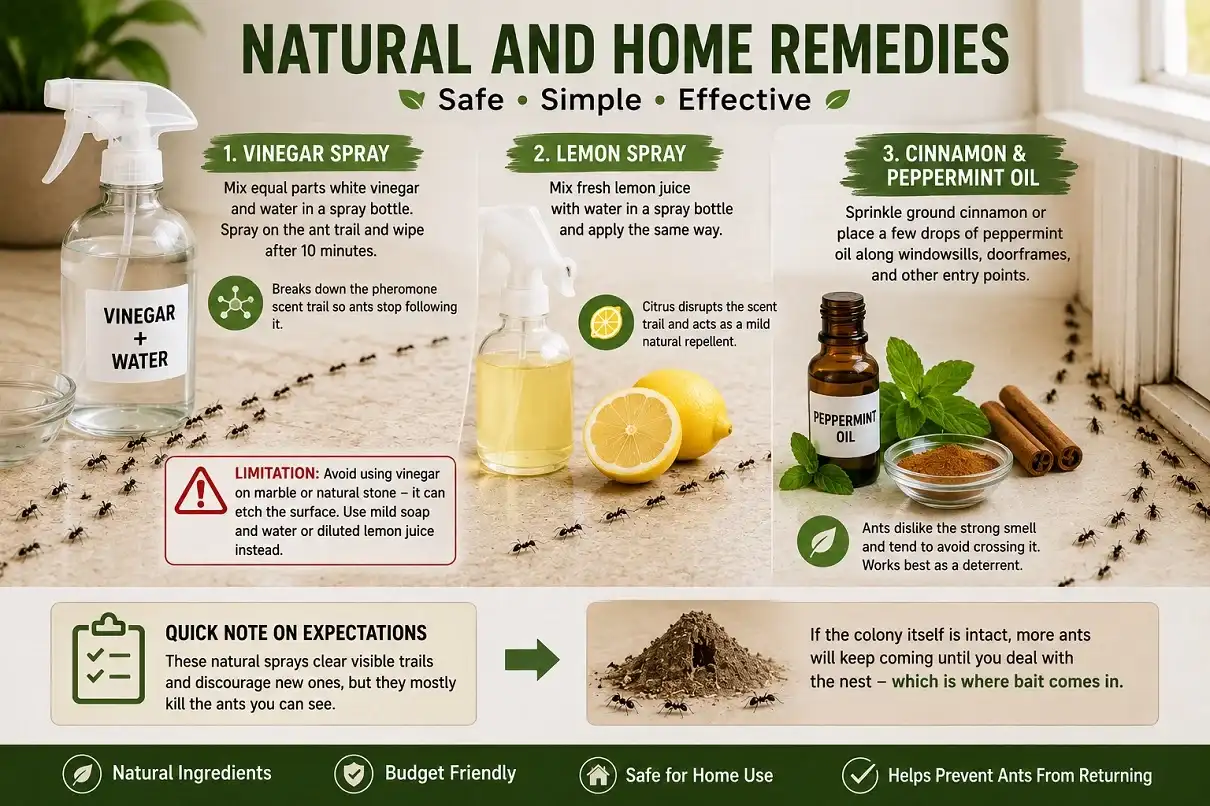 Natural home remedies for black ants using vinegar spray, lemon spray, cinnamon, and peppermint oil to remove ant trails and help prevent ant infestations