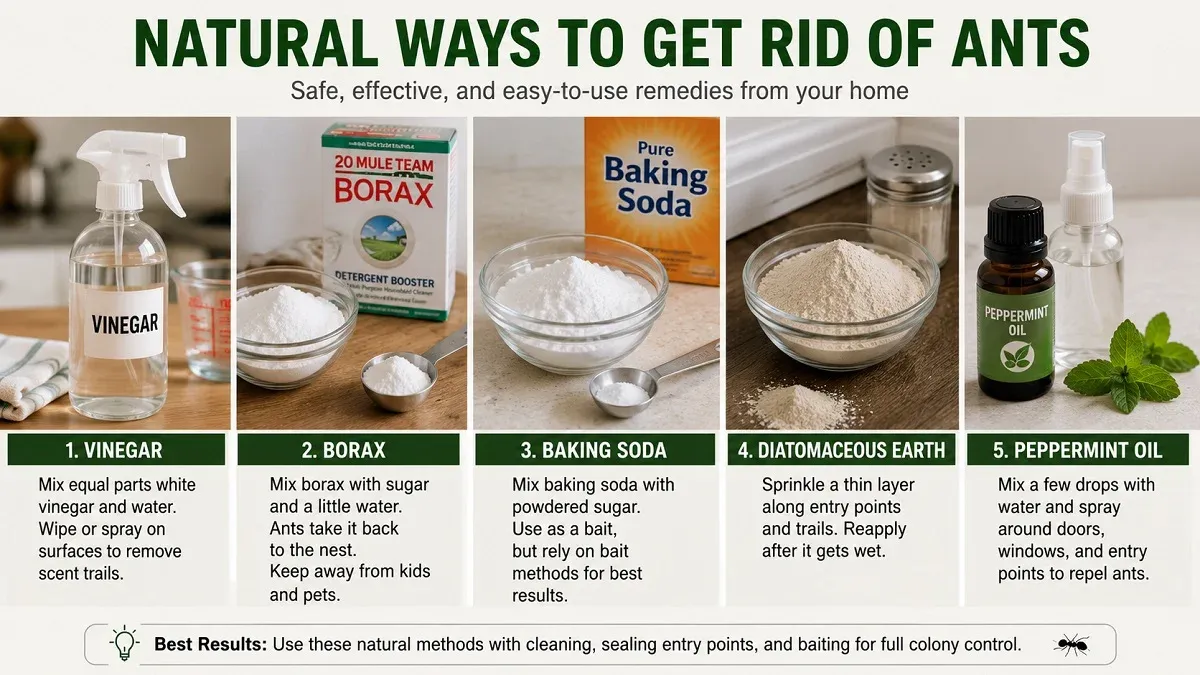 Photo grid showing five natural ways to get rid of ants using vinegar, borax, baking soda, diatomaceous earth, and peppermint oil.