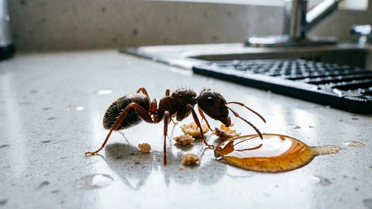 Odorous house ant foraging on kitchen counter near food crumbs and liquid spill
