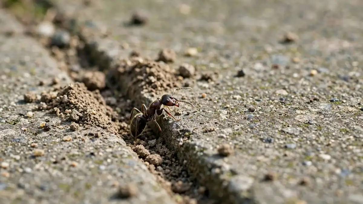 Pavement ant emerging from a crack in concrete driveway with small mounds of displaced soil
