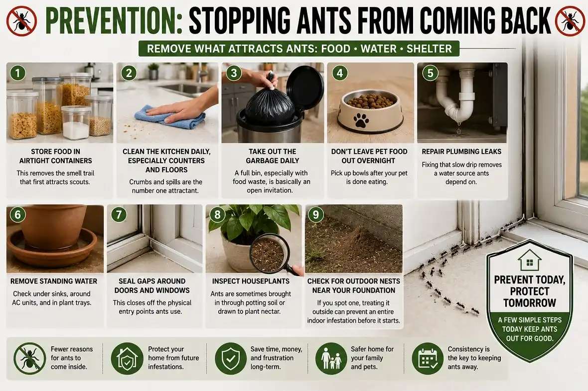 Ant prevention guide showing airtight food storage, kitchen cleaning, plumbing leak repair, sealed entry points, and outdoor nest inspection to stop black ants from coming back
