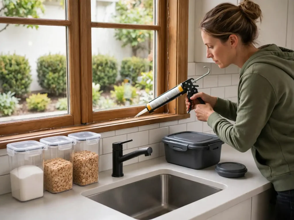Homeowner sealing cracks around a kitchen window while using airtight food storage and other prevention methods to keep pests out.