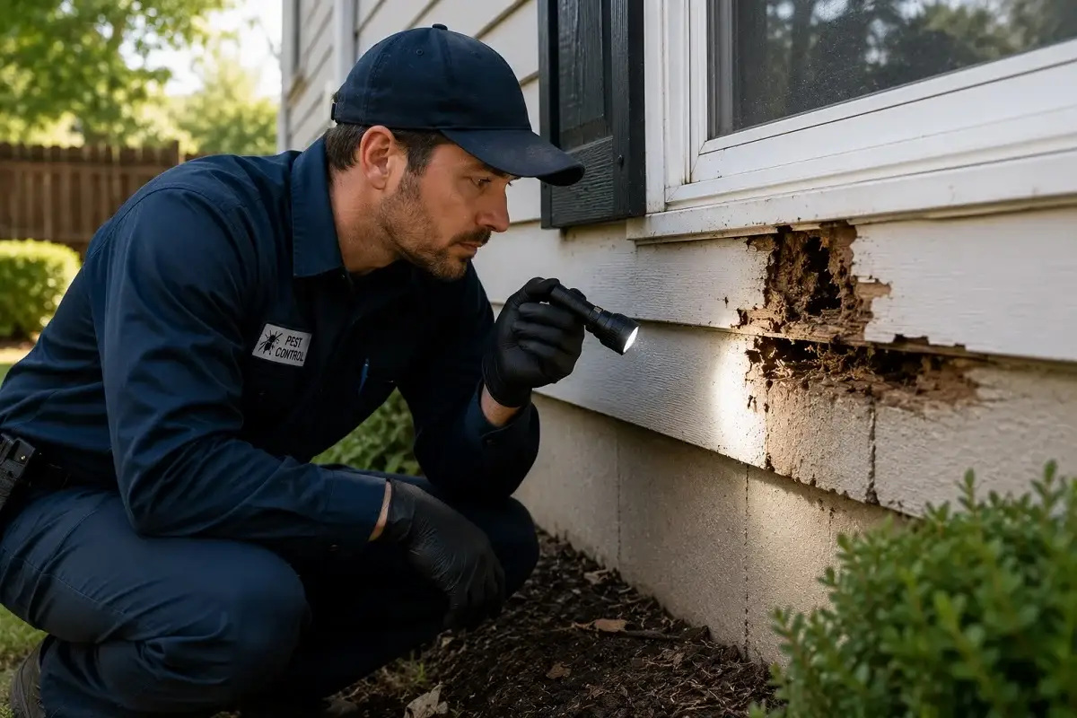 Pest control technician inspecting carpenter ant damage on a home's exterior