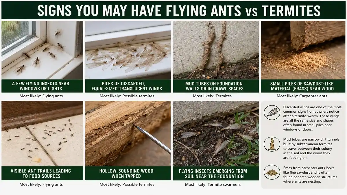 Common signs of flying ants and termites including mud tubes, discarded wings, carpenter ant frass, ant trails, and insects near windows during a home inspection.
