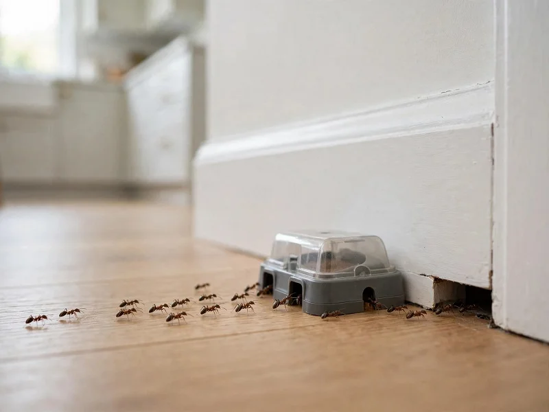 Worker sugar ants feeding from a bait station placed along an active trail near a kitchen baseboard.