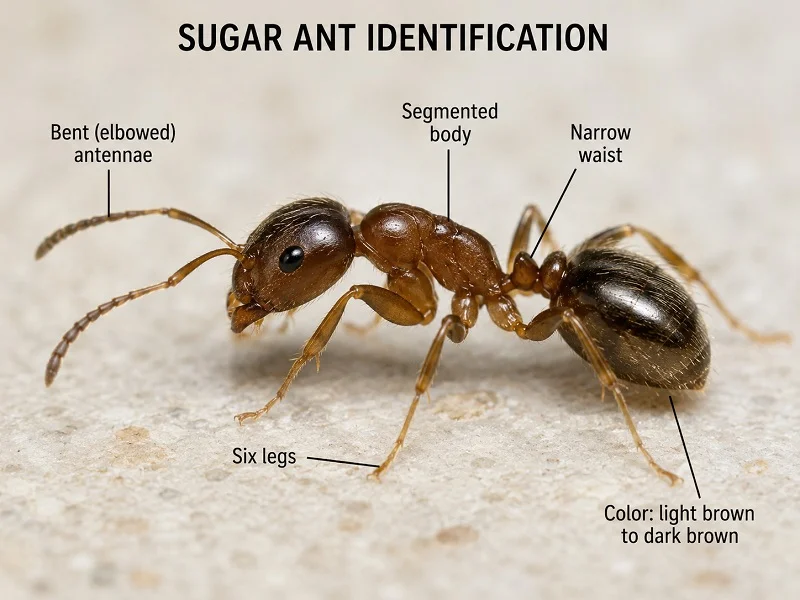 Close-up of a sugar ant showing its segmented body, narrow waist, bent antennae, and six legs.