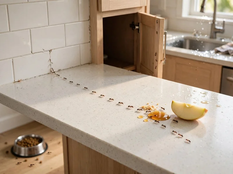 Close-up of a trail of sugar ants on a modern kitchen countertop leading from a crack in the backsplash to crumbs and syrup near a slice of fruit, with ants visible near a pet food bowl and open pantry in background.