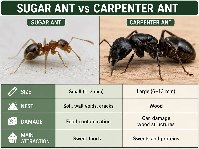 Side-by-side comparison of a sugar ant and a carpenter ant showing differences in size, nesting habits, damage, and food preferences.