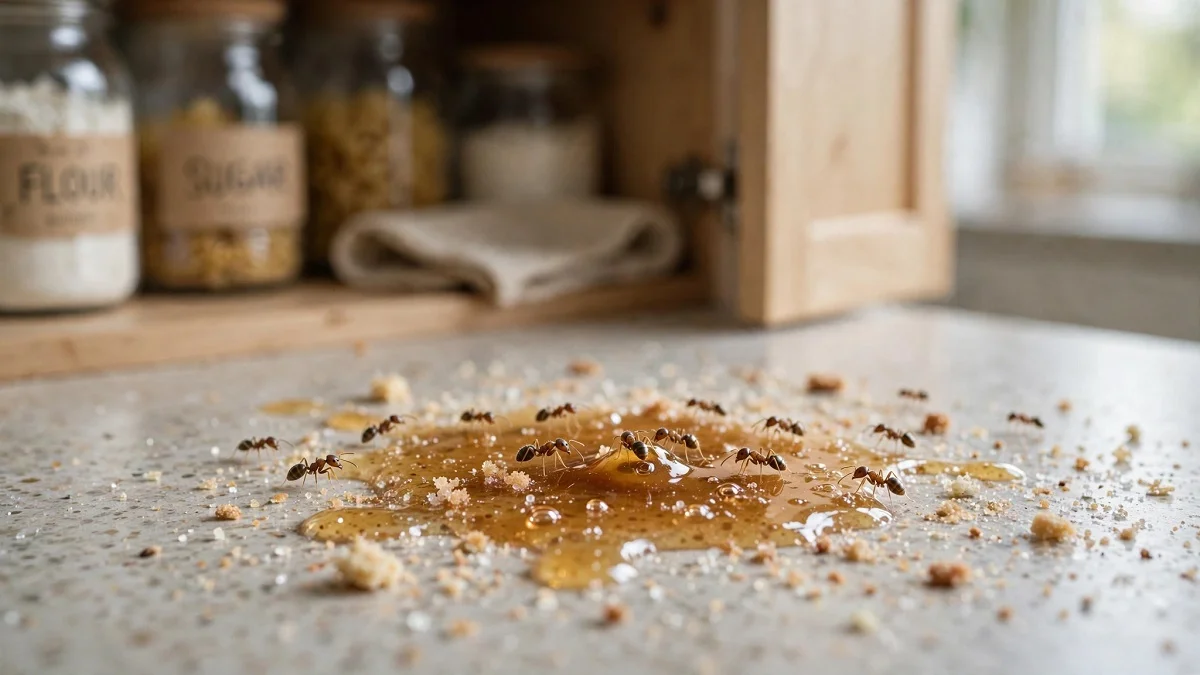 Small light to dark brown sugar ants gathered around a sticky sweet spill and crumbs on a kitchen countertop near pantry