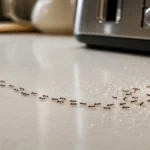 Sugar ants following a trail across a kitchen countertop toward spilled sugar near a tipped container.