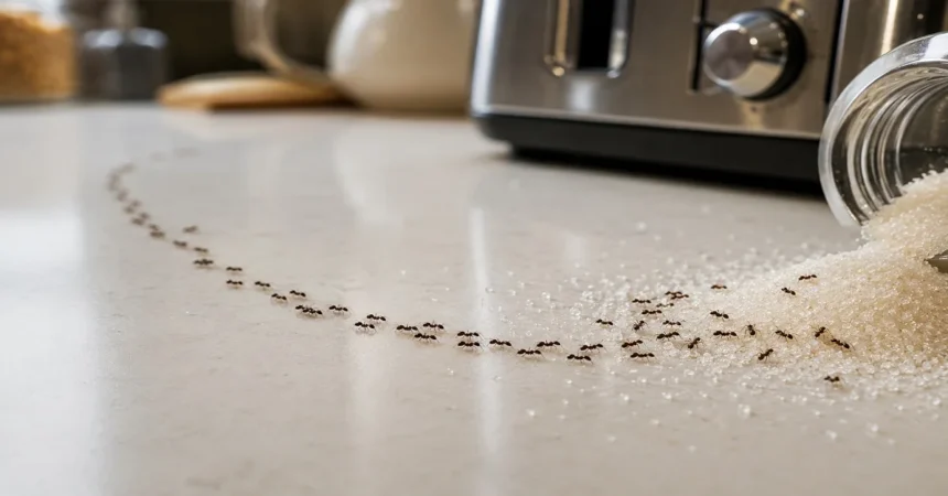Sugar ants following a trail across a kitchen countertop toward spilled sugar near a tipped container.