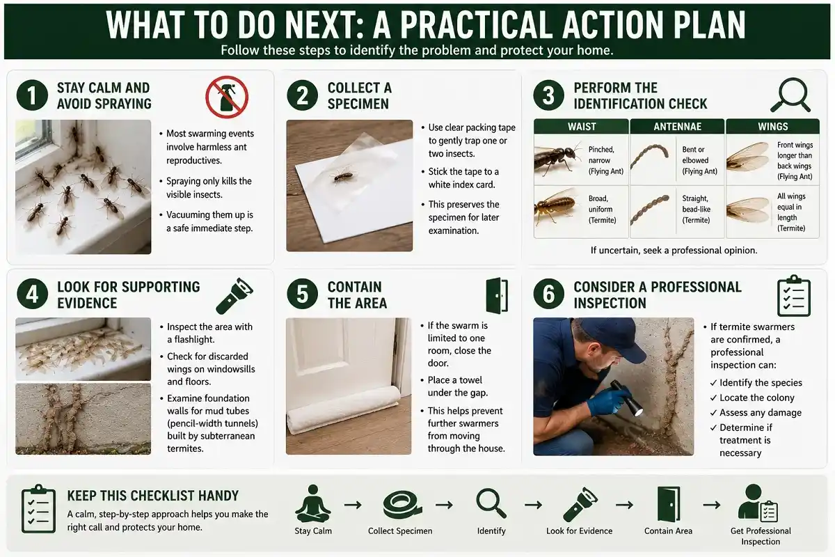 Step-by-step homeowner checklist showing what to do after finding flying ants or termite swarmers, including collecting a specimen, checking for mud tubes, and inspecting the area.