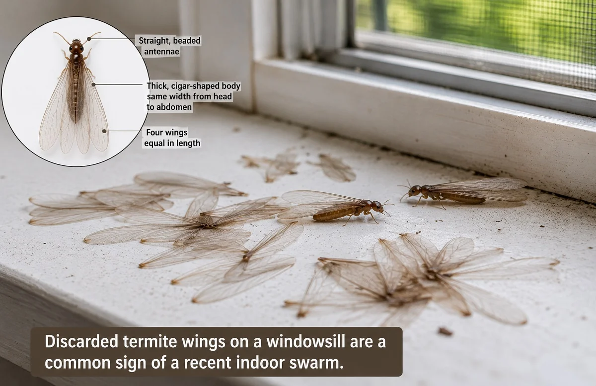 Discarded termite swarmer wings on a windowsill with a close-up of a winged termite showing its straight antennae, broad body, and equal-length wings.
